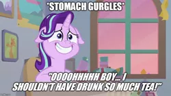 Size: 888x499 | Tagged: safe, derpibooru import, edit, edited screencap, screencap, starlight glimmer, pony, student counsel, adventure time, floppy ears, grin, meme, potty emergency, potty time, reference, smiling, solo, starlight glimmer is best facemaker, stomach noise, teabag, teacups