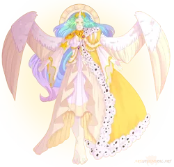 Size: 1914x1842 | Tagged: artist:artistgenepal, barefoot, cape, clothes, derpibooru import, feet, female, glowing eyes, horn, horned humanization, human, humanized, princess celestia, safe, simple background, solo, transparent background, winged humanization, wings