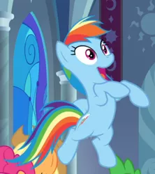 Size: 566x636 | Tagged: safe, derpibooru import, screencap, applejack, pinkie pie, rainbow dash, spike, dragon, earth pony, pegasus, pony, the beginning of the end, cropped, cute, cutie mark, dashabetes, excited, female, flying, gasp, male, mare, offscreen character, open mouth, smiling, solo focus, spread wings, winged spike, wings