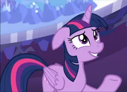 Size: 1291x939 | Tagged: safe, derpibooru import, screencap, twilight sparkle, twilight sparkle (alicorn), alicorn, pony, the beginning of the end, cropped, cute, female, floppy ears, folded wings, grin, mare, nervous, nervous grin, raised hoof, smiling, solo, twiabetes, wings