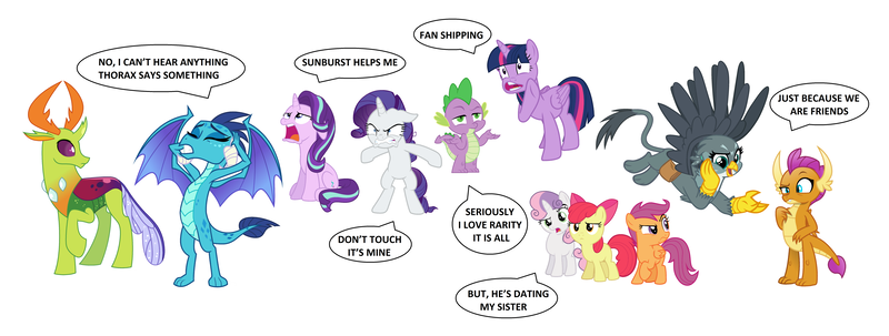 Size: 7960x3016 | Tagged: safe, derpibooru import, edit, editor:proto29, apple bloom, gabby, princess ember, rarity, scootaloo, smolder, spike, starlight glimmer, sweetie belle, thorax, twilight sparkle, twilight sparkle (alicorn), alicorn, changedling, changeling, dragon, earth pony, gryphon, pegasus, pony, unicorn, changeling x dragon, cutie mark crusaders, embrax, engrish, female, implied emberspike, implied gay, implied scootaspike, implied shipping, implied spikebelle, implied spikebloom, implied starburst, implied straight, implied thoraxspike, king thorax, male, shipping, simple background, sparity, straight, text, white background