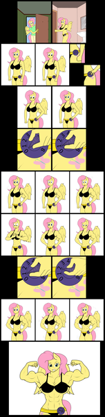 Size: 3300x13014 | Tagged: suggestive, artist:matchstickman, derpibooru import, fluttershy, anthro, abs, armpits, belt, biceps, bra, breasts, clothes, comic, deltoids, female muscle growth, growth, midriff, muscle expansion, muscle growth, muscles, muscleshy, parody, pecs, scene interpretation, story included, surprised, the tick, underwear