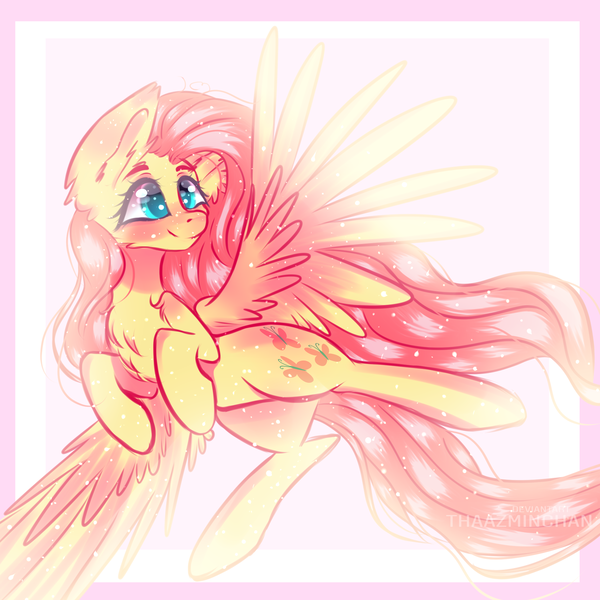 Size: 2000x2000 | Tagged: safe, artist:thaazminchan, derpibooru import, fluttershy, pegasus, pony, blushing, chest fluff, female, flying, head turn, mare, smiling, solo, spread wings, wings