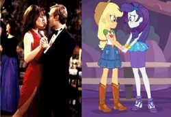 Size: 1361x933 | Tagged: safe, derpibooru import, edit, edited screencap, screencap, applejack, rarity, human, equestria girls, equestria girls series, rollercoaster of friendship, blushing, daphne moon, female, frasier, friendshipping, geode of super strength, holding hands, irl, irl human, lesbian, magical geodes, niles crane, photo, rarijack, shipping, slowpoke