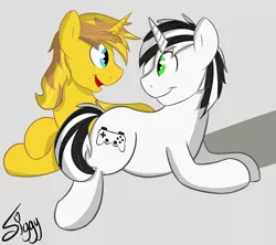 Size: 5000x4449 | Tagged: safe, artist:siggyderp, derpibooru import, oc, unofficial characters only, pony, unicorn, commission, gray background, looking at each other, male, signature, simple background, smiling, stallion