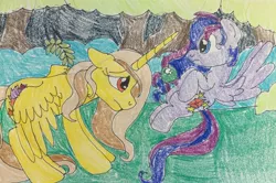 Size: 2458x1630 | Tagged: safe, artist:estories, artist:wolfspiritclan, derpibooru import, oc, oc:alice goldenfeather, oc:ruby nights, alicorn, pegasus, pony, story idea