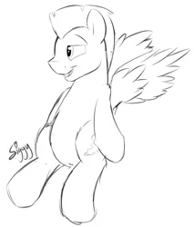 Size: 3609x4241 | Tagged: safe, artist:siggyderp, derpibooru import, thunderlane, pegasus, pony, black and white, grayscale, lineart, male, monochrome, signature, simple background, sketch, solo, spread wings, stallion, white background, wings