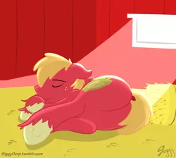 Size: 5000x4470 | Tagged: safe, artist:siggyderp, derpibooru import, big macintosh, earth pony, pony, barn, big backintosh, butt, commission, dock, hay, hay bale, lying down, male, plot, signature, sleeping, solo, stallion, underhoof, watermark, window