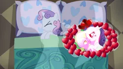 Size: 1024x576 | Tagged: safe, derpibooru import, edit, edited screencap, screencap, rarity, spike, dragon, unicorn, bed, blanket, dream, female, filly, heart, implied shipping, implied spikebelle, implied straight, jealous, male, mare, pillow, shipping, sleeping, sparity, straight