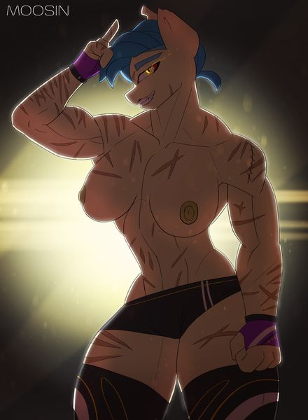 Size: 2200x3000 | Tagged: anthro, armpits, artist:mopyr, breasts, clothes, derpibooru import, female, gloves, grin, muscles, nipples, nudity, oc, oc:camilia, partial nudity, questionable, scar, smiling, socks, solo, stitches, stockings, thigh highs, topless, unofficial characters only