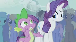 Size: 1280x720 | Tagged: safe, derpibooru import, screencap, cloud kicker, lyra heartstrings, rarity, spike, dragon, pony, unicorn, boast busters, confused, duo focus, embarrassed, female, looking at each other, male, mare, nervous, raised eyebrow