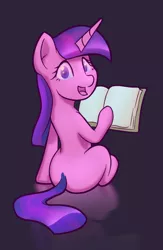 Size: 775x1187 | Tagged: safe, artist:stratodraw, derpibooru import, twilight sparkle, pony, unicorn, black background, book, female, looking at you, looking back, looking back at you, mare, missing cutie mark, simple background, sitting, solo, that pony sure does love books, unicorn twilight