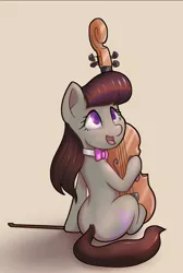 Size: 874x1304 | Tagged: dead source, safe, artist:stratodraw, derpibooru import, octavia melody, earth pony, pony, bow (instrument), cello, cello bow, female, mare, musical instrument, open mouth, simple background, sitting, solo