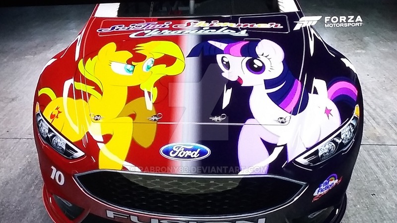 Size: 1024x576 | Tagged: safe, artist:pabrony83, derpibooru import, sunset shimmer, twilight sparkle, pony, ford fusion, forza motorsport 6, nascar