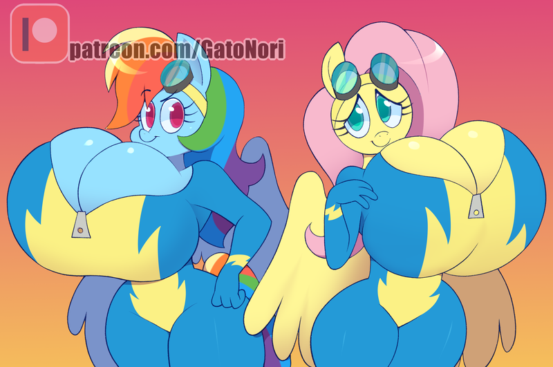 Size: 2732x1812 | Tagged: suggestive, artist:norithecat, derpibooru import, fluttershy, rainbow dash, anthro, bat pony, big breasts, breasts, busty fluttershy, busty rainbow dash, cleavage, clothes, cute, dashabetes, dreamworks face, flutterbat, goggles, huge breasts, hyper, hyper breasts, impossibly large breasts, race swap, shyabetes, stupid sexy fluttershy, stupid sexy rainbow dash, uniform, wonderbolts uniform, wondershy