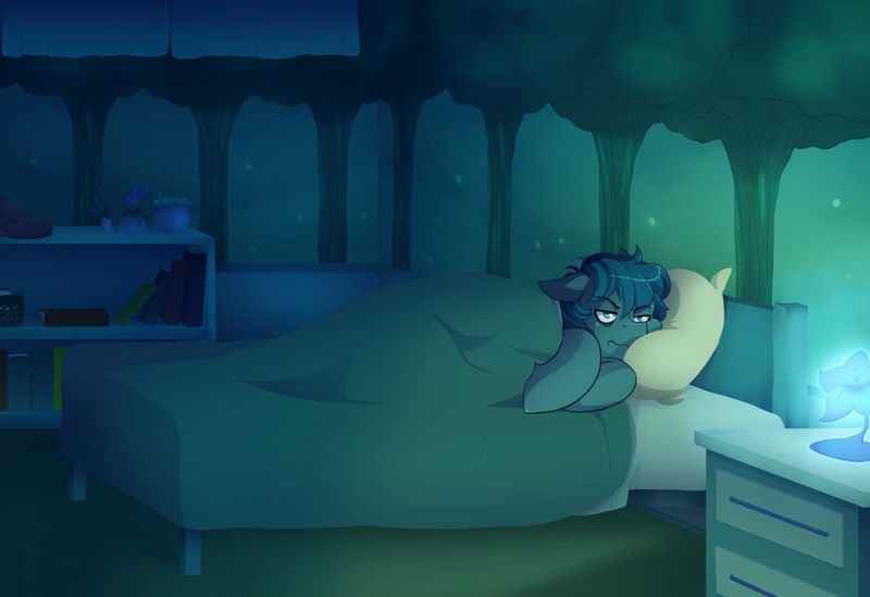 Size: 4000x2747 | Tagged: safe, artist:mylittlesheepy, derpibooru import, oc, oc:poison trail, unofficial characters only, earth pony, pony, bed, bedroom, blanket, book, insomnia, lamp, pillow, plant, solo