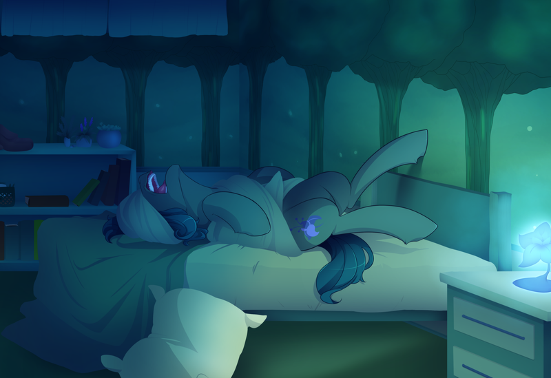 Size: 4000x2747 | Tagged: safe, artist:mylittlesheepy, derpibooru import, oc, oc:poison trail, unofficial characters only, earth pony, pony, bed, bedroom, blanket, book, lamp, pillow, plant, sleeping, snoring, solo