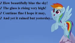 Size: 672x384 | Tagged: safe, derpibooru import, edit, edited screencap, screencap, rainbow dash, my little pony: the movie, cropped, cute, dashabetes, gilbert and sullivan, how beautifully blue the sky, lyrics, mountain, song reference, text, the pirates of penzance