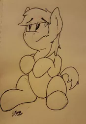 Size: 894x1280 | Tagged: safe, artist:siggyderp, derpibooru import, earth pony, pony, frown, lineart, male, monochrome, signature, sitting, sketch, solo, stallion, traditional art