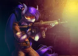 Size: 1200x862 | Tagged: safe, artist:limreiart, derpibooru import, oc, oc:night hunt, unofficial characters only, anthro, bat pony, anthro oc, bat pony oc, bat wings, clothes, female, fingerless gloves, gloves, gun, m4 variant, machine gun, pants, solo, visor, weapon, wings