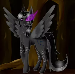 Size: 1280x1254 | Tagged: safe, artist:stardarkfox, derpibooru import, oc, oc:dark vortex, unofficial characters only, alicorn, pony, alicorn oc, horn, male, solo, sombra eyes, spread wings, stallion, tattoo, wings