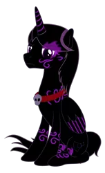 Size: 606x1000 | Tagged: safe, artist:crystalflash, derpibooru import, oc, oc:dark vortex, unofficial characters only, alicorn, pony, alicorn oc, horn, jewelry, male, necklace, simple background, sitting, skull, solo, sombra eyes, stallion, tattoo, transparent background, unamused, wings