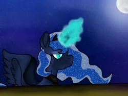 Size: 1200x900 | Tagged: safe, artist:redstreakboy, derpibooru import, princess luna, alicorn, pony, aura, canterlot, ethereal mane, full moon, magic, moon, raising the moon, starry mane, starry night