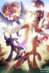Size: 2000x3000 | Tagged: safe, artist:shad0w-galaxy, derpibooru import, oc, unofficial characters only, changeling, dragon, gryphon, pony, unicorn, blindfold, blood magic, changeling oc, commission, dungeons and dragons, fight, fire, glowing horn, griffon oc, gun, high res, horn, lens flare, patreon, pen and paper rpg, purple changeling, raised hoof, rpg, smoke, unshorn fetlocks, weapon