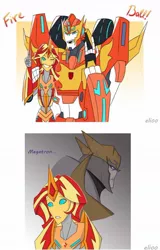 Size: 723x1127 | Tagged: safe, artist:elioo, derpibooru import, sunset shimmer, equestria girls, autobot, crossover, cybertronian, decepticon, deviantart link, hot rod, image, jpeg, megatron, rodimus prime, species swap