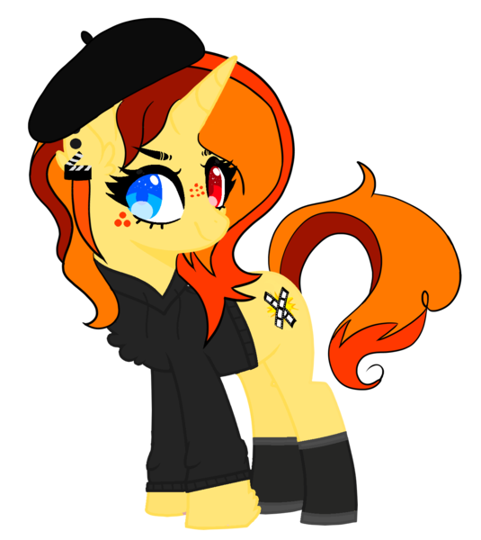 Size: 1299x1456 | Tagged: safe, artist:celestial-rue0w0, artist:moon-rose-rosie, derpibooru import, oc, oc:cee gee ie, unofficial characters only, pony, unicorn, base used, beret, boots, clothes, commission, ear piercing, earring, female, freckles, hat, heterochromia, hoodie, jewelry, mare, piercing, shoes, simple background, solo, transparent background