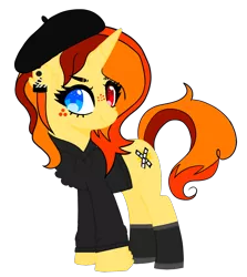 Size: 1299x1456 | Tagged: safe, artist:celestial-rue0w0, artist:moon-rose-rosie, derpibooru import, oc, oc:cee gee ie, unofficial characters only, pony, unicorn, base used, beret, boots, clothes, commission, ear piercing, earring, female, freckles, hat, heterochromia, hoodie, jewelry, mare, piercing, shoes, simple background, solo, transparent background