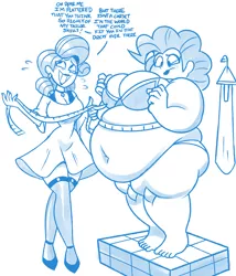 Size: 3000x3500 | Tagged: artist:superspoe, bbw, belly, belly button, big belly, big breasts, bra, breasts, busty pinkie pie, clothes, derpibooru import, fat, fitting room, human, humanized, measuring tape, monochrome, obese, piggy pie, pinkie pie, pudgy pie, rarity, speech bubble, ssbbw, suggestive, underwear