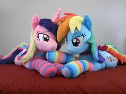 Size: 3968x2976 | Tagged: safe, artist:qtpony, derpibooru import, princess cadance, rainbow dash, pony, bedroom eyes, bow, choker, clothes, irl, photo, plushie, socks, striped socks, tail bow