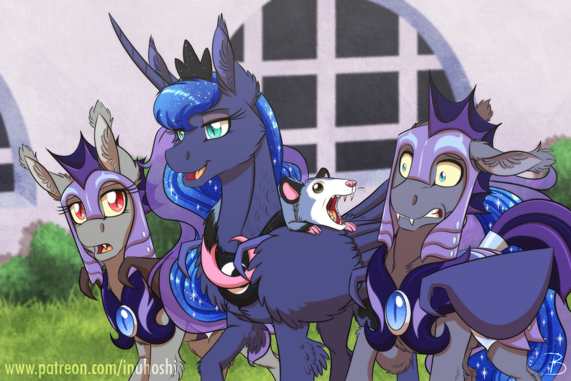 Size: 1772x1181 | Tagged: safe, artist:inuhoshi-to-darkpen, derpibooru import, princess luna, tiberius, oc, oc:night storm, oc:silver star, alicorn, bat pony, opossum, pony, armor, bat pony oc, bat wings, beautiful, bodyguard, canterlot, cheek fluff, chest fluff, crown, curved horn, disturbed, disturbing, ear fluff, ear tufts, ethereal mane, fangs, female, flowing mane, folded wings, guardsmare, helmet, horn, jewelry, leg fluff, male, mare, night guard, open mouth, overprotective, pet, peytral, regalia, royal guard, scared, slit eyes, slit pupils, smiling, stallion, talking, trio, wing fluff, wings