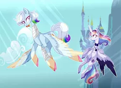 Size: 1024x741 | Tagged: safe, artist:manella-art, derpibooru import, rainbow dash, oc, oc:neverfree storm, alicorn, pony, female, flying, magical lesbian spawn, mare, mother and child, mother and daughter, offspring, older, parent:rainbow dash, parent:twilight sparkle, parents:twidash, rainbow-less dash