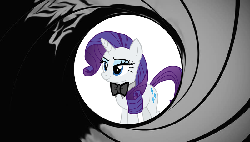 Size: 4648x2632 | Tagged: safe, artist:disneymarvel96, artist:sketchmcreations, derpibooru import, edit, vector edit, rarity, pony, bowtie, eyeshadow, gun barrel, james bond, makeup, smiling, smirk, smug, vector