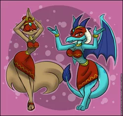 Size: 942x890 | Tagged: anthro, artist:verona, belly dancer, belly dancer outfit, bikini, bikini top, bracelet, breasts, busty princess ember, cat, clothes, commission, crossover, cute, dancer, derpibooru import, dragon, dragoness, eyes closed, female, females only, furry, harem outfit, jewelry, lidded eyes, mask, midriff, necklace, princess ember, skirt, sly cooper, stupid sexy princess ember, suggestive, swimsuit