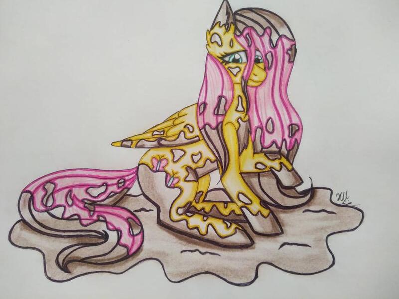 Size: 1024x768 | Tagged: safe, artist:hiroultimate, derpibooru import, fluttershy, pony, cute, mud, sad, solo, traditional art