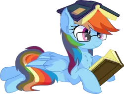 Size: 7538x5715 | Tagged: safe, artist:cyanlightning, derpibooru import, rainbow dash, pegasus, pony, .svg available, absurd resolution, adorkable, book, book hat, chest fluff, cute, dashabetes, dork, ear fluff, egghead dash, female, folded wings, glasses, mare, nerd, prone, reading, simple background, sitting, smiling, solo, transparent background, vector, wing fluff, wings