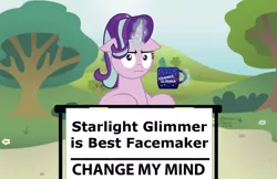 Size: 1024x662 | Tagged: safe, artist:aleximusprime, derpibooru import, edit, starlight glimmer, pony, unicorn, marks for effort, :i, change my mind, coffee mug, crossing the memes, exploitable meme, female, floppy ears, i mean i see, looking at you, magic, mare, meme, mug, obligatory pony, solo, starlight glimmer is best facemaker, steven crowder, telekinesis, tree