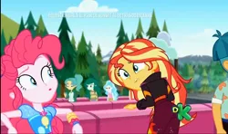 Size: 1518x900 | Tagged: safe, derpibooru import, screencap, garden grove, paisley, pinkie pie, sunset shimmer, wallflower blush, equestria girls, equestria girls series, sunset's backstage pass!, spoiler:eqg series (season 2), barrier, discovery kids, forest, line-up, music festival outfit, wristband