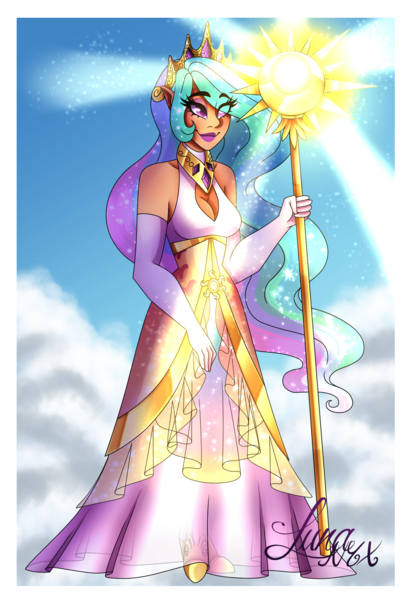 Size: 1532x2233 | Tagged: artist:djspark3, clothes, crown, derpibooru import, dress, female, human, humanized, jewelry, princess celestia, regalia, safe, smiling, solo, staff