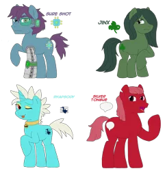 Size: 878x910 | Tagged: safe, artist:flawlessvictory20, derpibooru import, oc, oc:jinx, oc:rhapsody, oc:silver tongue, oc:sure shot, cyborg, earth pony, pony, unicorn, eyeshadow, giveaway, makeup, oc adopt, scouter