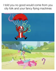 Size: 710x900 | Tagged: safe, derpibooru import, screencap, pinkie pie, pony, griffon the brush off, cannonball jenkins, crash landing, falling, female, fist in the air, flying contraption, funny, helmet, human cannonball, mare, meme, old man jenkins, parachute, pinkiecopter, spongebob squarepants, stunt suit, the sponge who could fly, unconscious