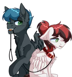 Size: 2645x2825 | Tagged: suggestive, derpibooru import, oc, oc:fantastic storm, oc:siren, unofficial characters only, pegasus, pony, bedroom eyes, collar, crying, fantasiren, female, hair over one eye, leash, male, mare, mouth hold, one eye closed, pet play, stallion