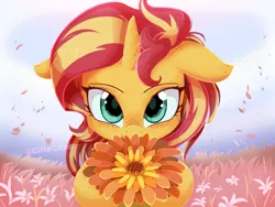 Size: 4000x3000 | Tagged: safe, artist:katakiuchi4u, derpibooru import, sunset shimmer, pony, unicorn, adorable face, adorkable, cute, daaaaaaaaaaaw, dork, female, floppy ears, flower, freckles, hnnng, horn, katakiuchi4u is trying to murder us, looking at you, mare, petals, shimmerbetes, smiling, solo, sweet dreams fuel