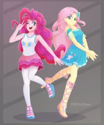 Size: 3600x4300 | Tagged: safe, artist:katakiuchi4u, derpibooru import, fluttershy, pinkie pie, equestria girls, equestria girls series, armpits, blushing, clothes, cute, diapinkes, dress, duo, duo female, female, happy, high res, miniskirt, moe, one eye closed, pantyhose, peace sign, pose, sandals, shyabetes, simple background, skirt, smiling, socks, tanktop, thigh highs, wink