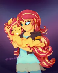 Size: 4800x6000 | Tagged: safe, artist:katakiuchi4u, derpibooru import, sunset shimmer, human, pony, unicorn, equestria girls, absurd resolution, clothes, cute, cutie mark, eyes closed, female, freckles, holding a pony, human ponidox, jacket, mare, self ponidox, shimmerbetes, smiling, underhoof