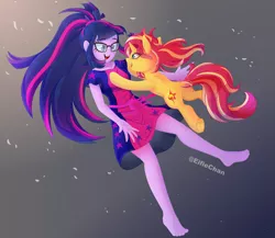 Size: 4600x4000 | Tagged: safe, artist:katakiuchi4u, derpibooru import, sci-twi, sunset shimmer, twilight sparkle, pony, unicorn, equestria girls, equestria girls series, spring breakdown, spoiler:eqg series (season 2), absurd resolution, barefoot, clothes, cute, cutie mark, dress, feet, female, freckles, frog (hoof), glasses, happy, legs, looking at each other, mare, open mouth, shimmerbetes, smiling, square crossover, tackle, tackle hug, twiabetes, underhoof