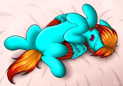 Size: 3000x2100 | Tagged: safe, artist:noctaliansfw, derpibooru import, oc, oc:chaos angel, pegasus, pony, bed, laying on bed, lying, on bed, open mouth, sleeping, snoring, solo, spread legs, spreading